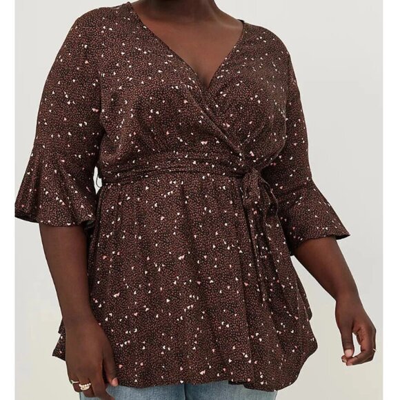 Torrid Women's Stretch Challis Heart Petals Brown Surplice Blouse Top Size 1X - Picture 1 of 9